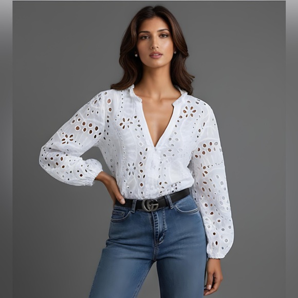 Tops - Eyelet Embroidery Notched Blouse White